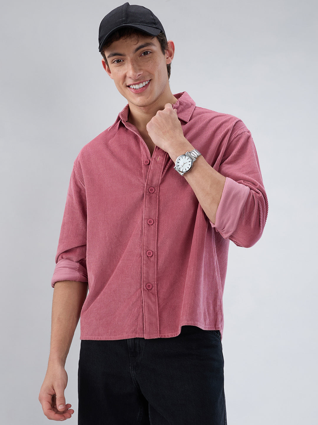Wild Orchid Pink Corduroy Boxy Fit Crop Shirt