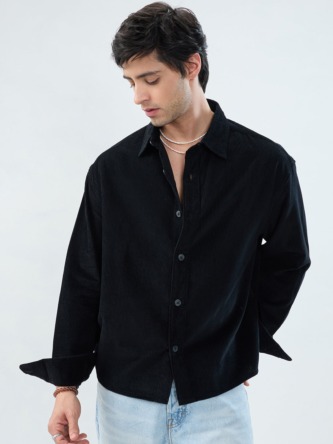 Timeless Black Corduroy Boxy Fit Crop Shirt