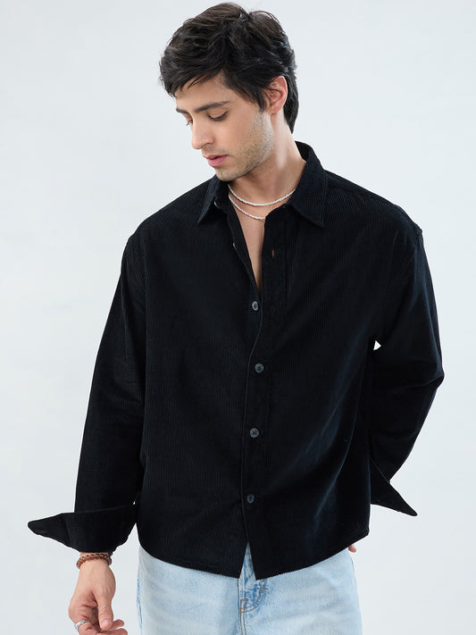 Timeless Black Corduroy Boxy Fit Crop Shirt