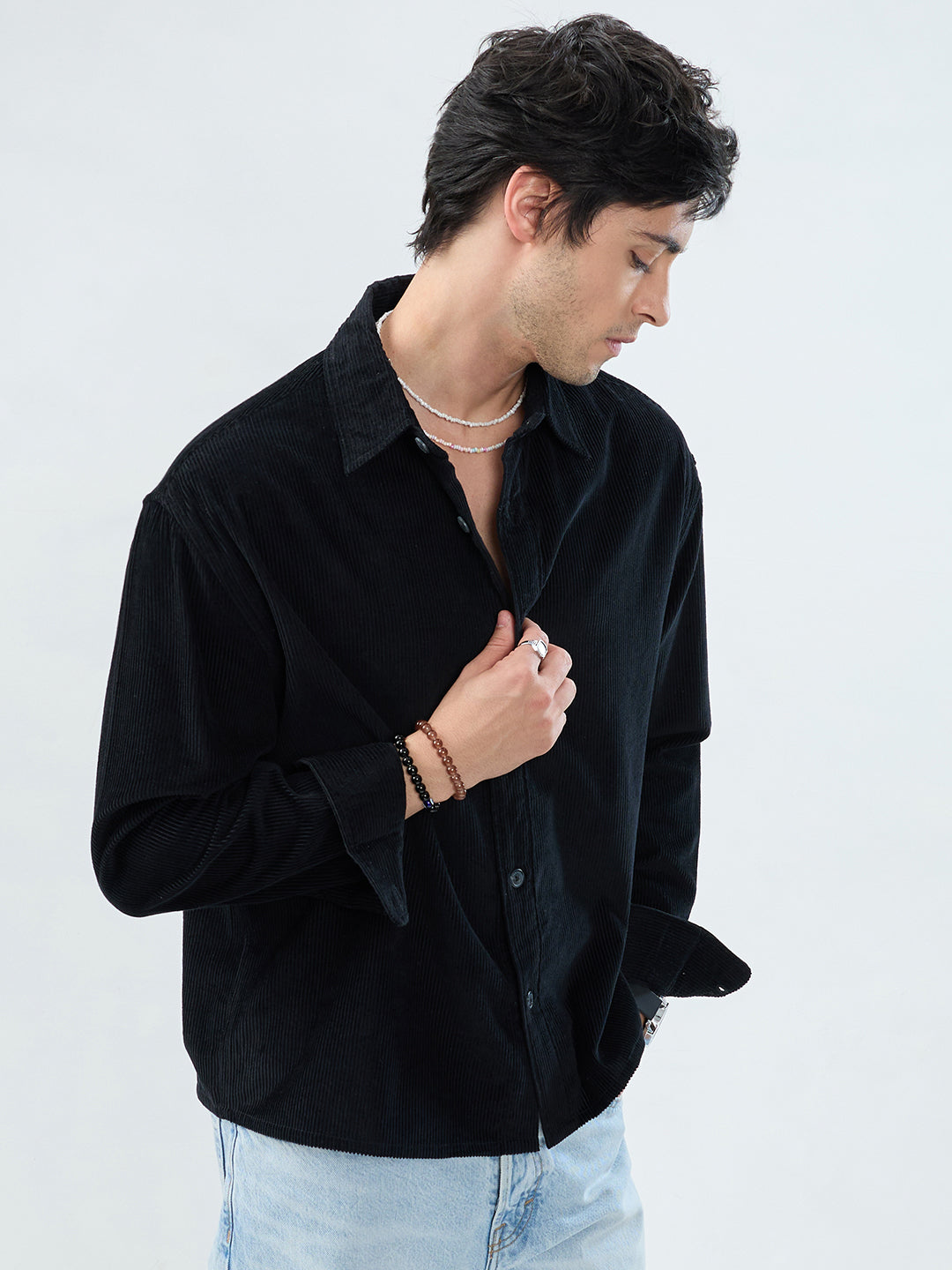 Timeless Black Corduroy Boxy Fit Crop Shirt