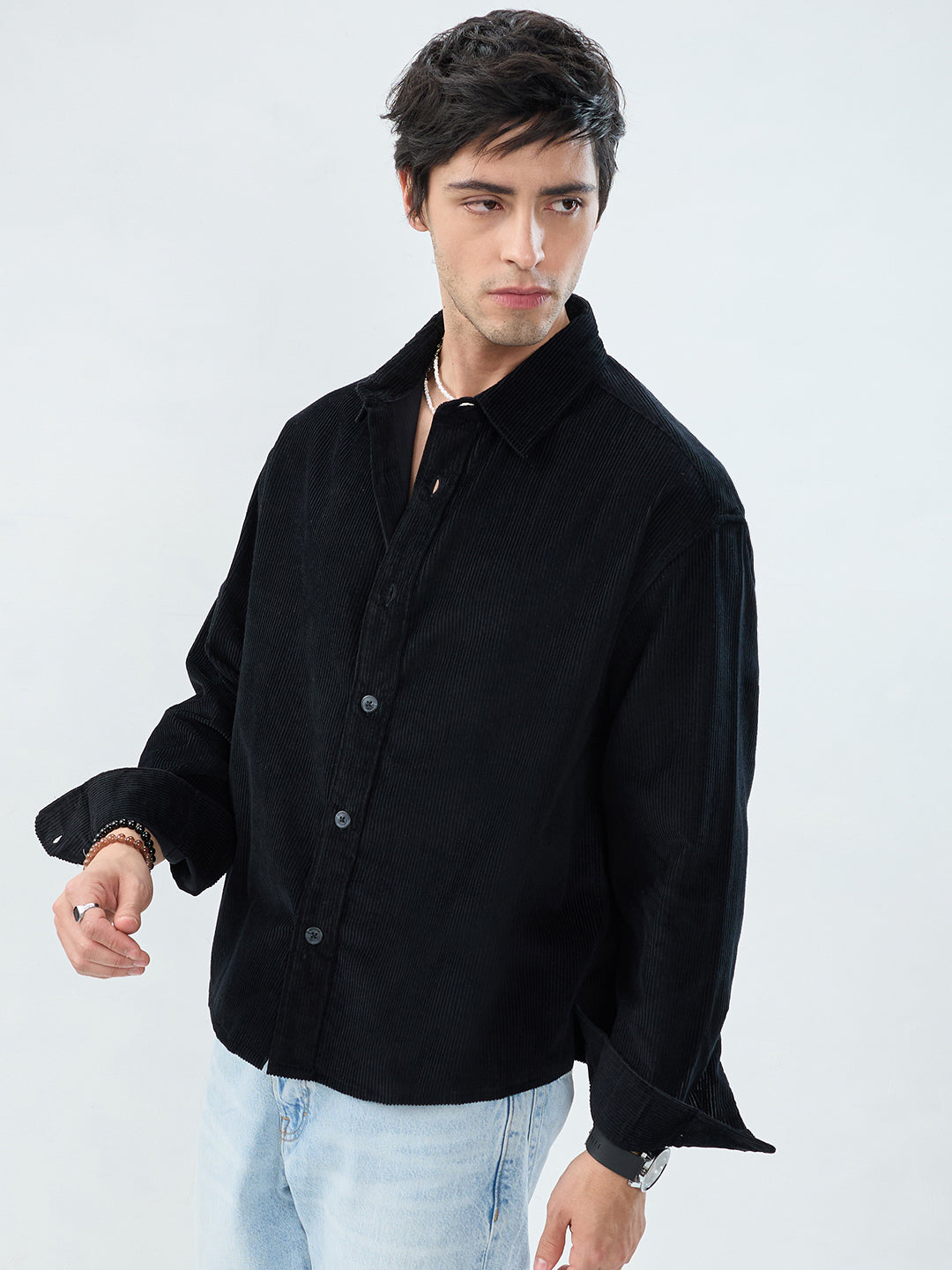 Timeless Black Corduroy Boxy Fit Crop Shirt