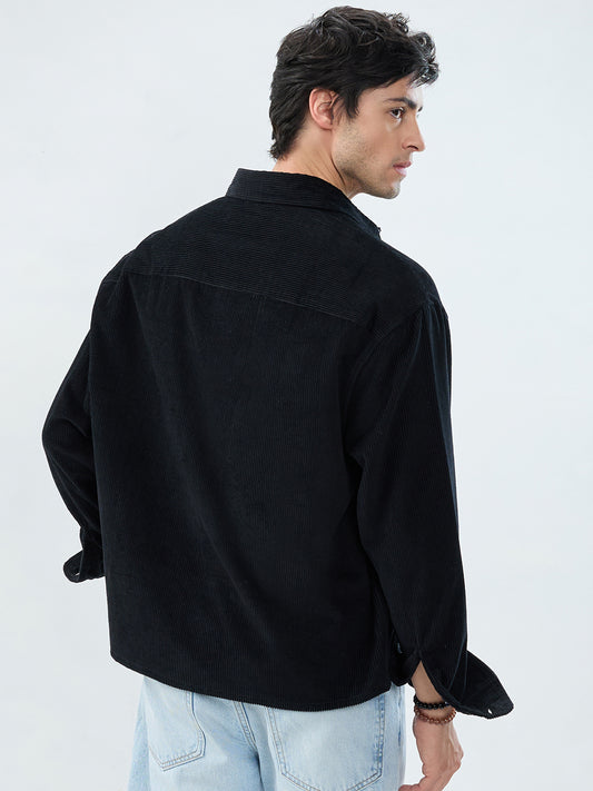 Timeless Black Corduroy Boxy Fit Crop Shirt
