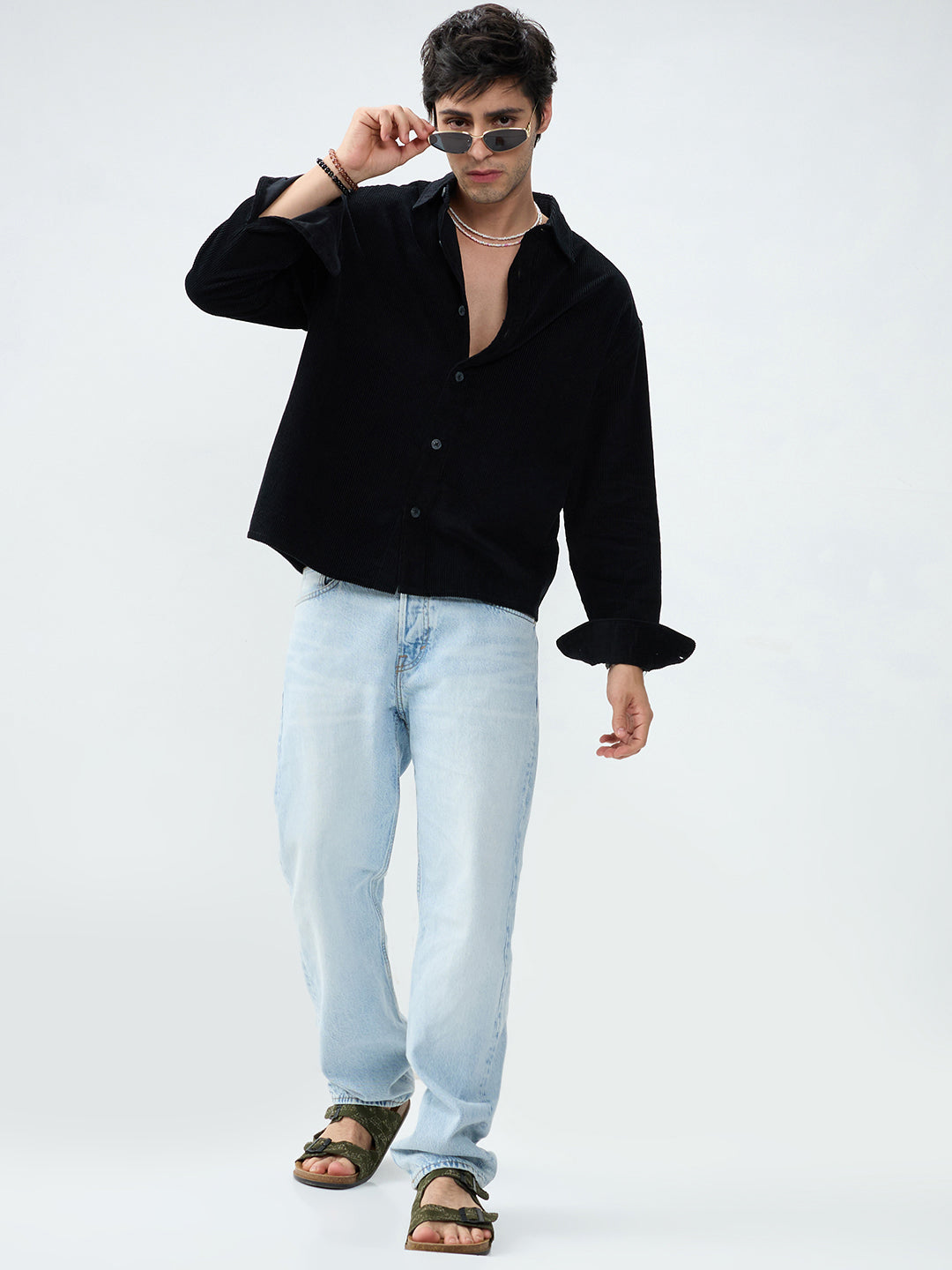 Timeless Black Corduroy Boxy Fit Crop Shirt