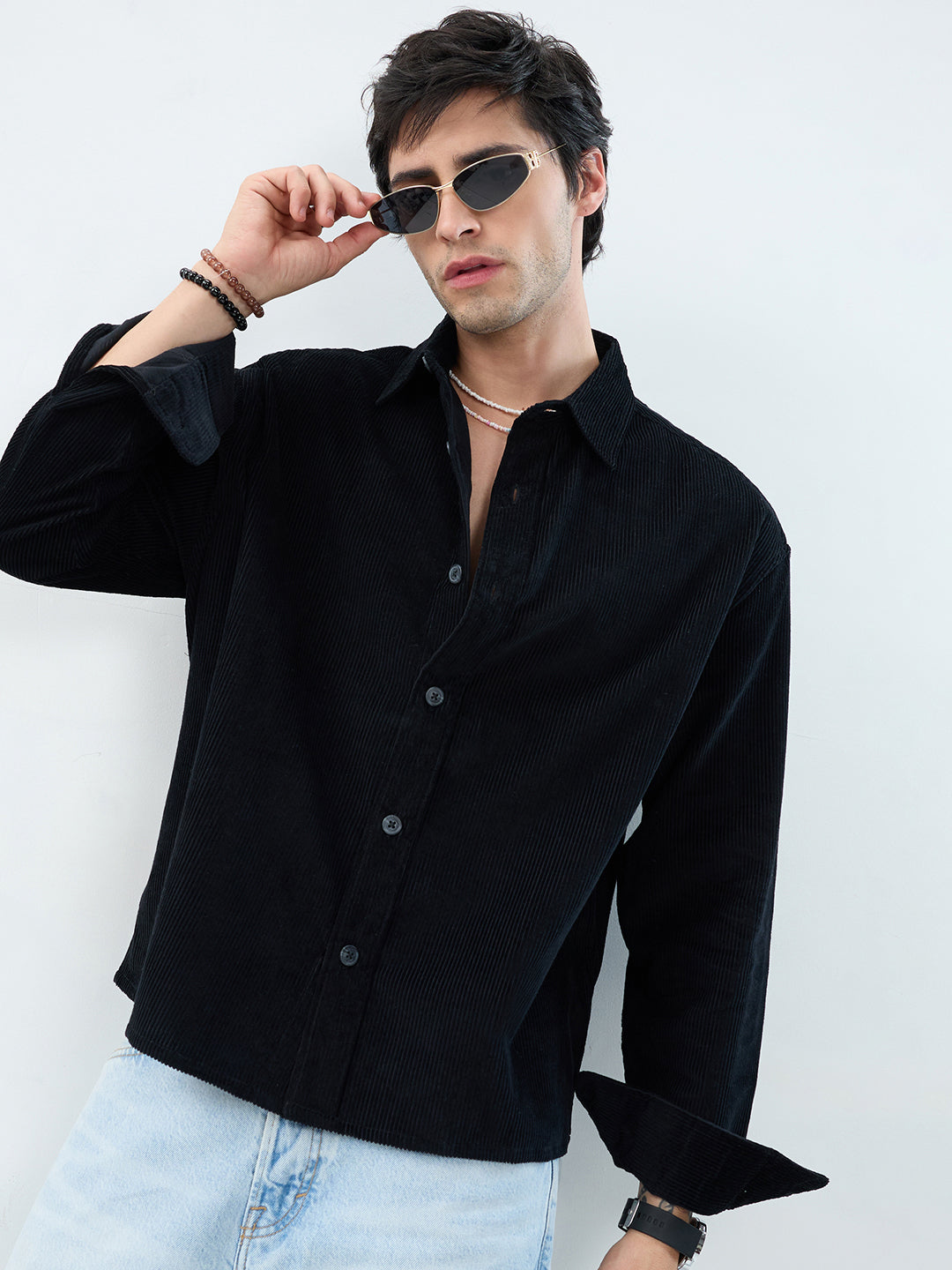 Timeless Black Corduroy Boxy Fit Crop Shirt