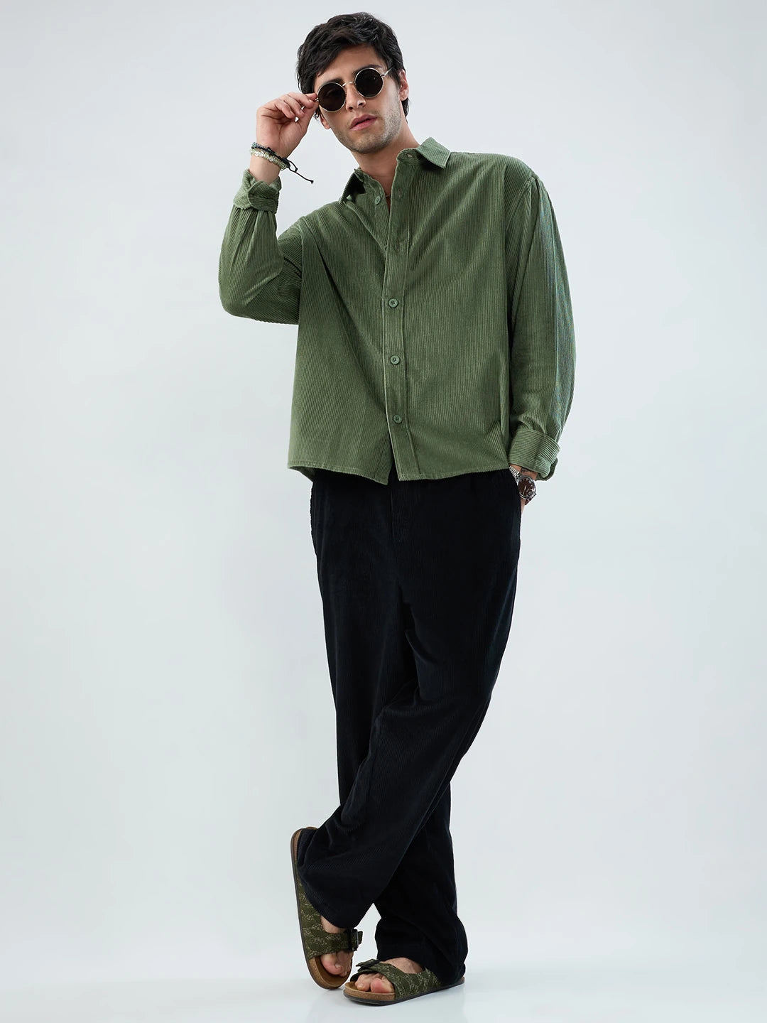 Pickle Green Corduroy Boxy Fit Crop Shirt