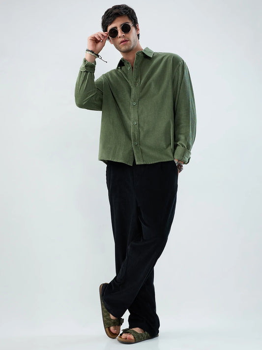 Pickle Green Corduroy Boxy Fit Crop Shirt