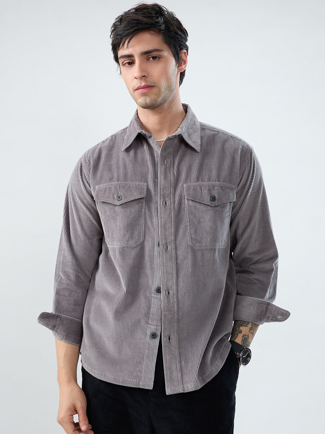 Cloud Grey Structured Corduroy Double Pocket Overshirt