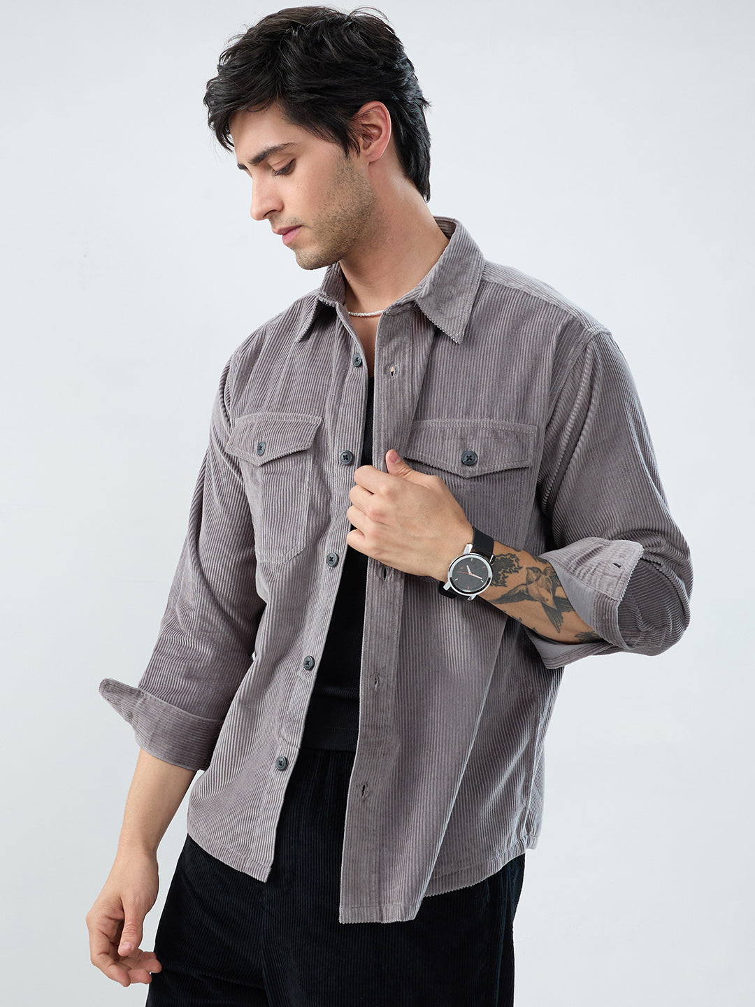 Cloud Grey Structured Corduroy Double Pocket Overshirt