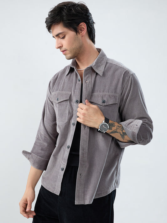 Cloud Grey Structured Corduroy Double Pocket Overshirt