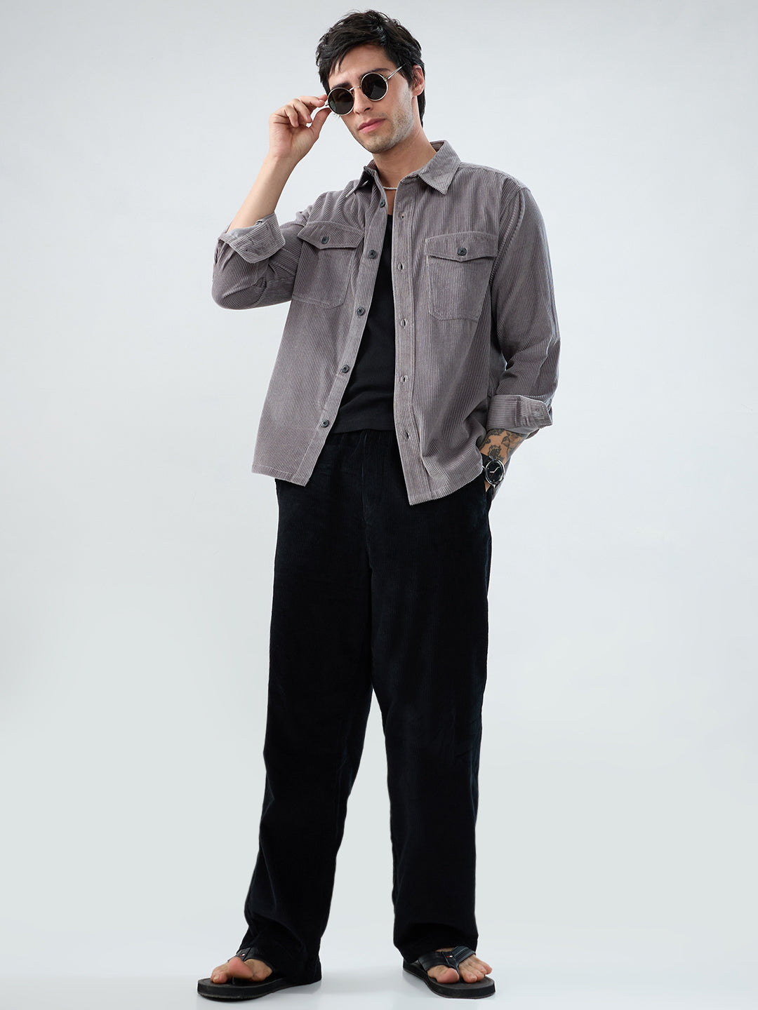 Cloud Grey Structured Corduroy Double Pocket Overshirt