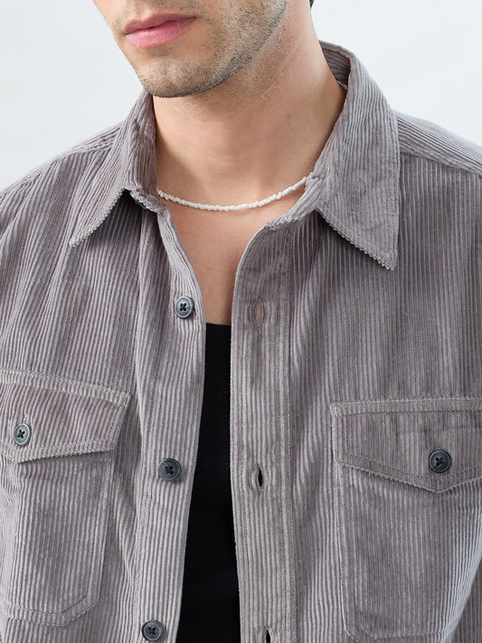 Cloud Grey Structured Corduroy Double Pocket Overshirt