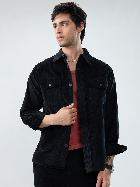 Winter Black Corduroy Double Pocket Overshirt