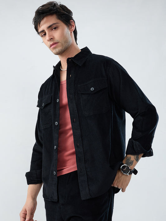 Winter Black Corduroy Double Pocket Overshirt