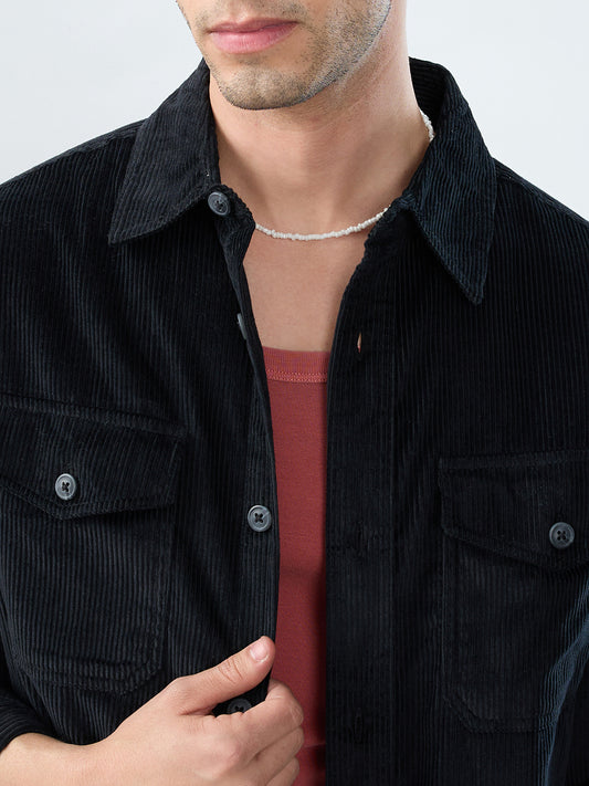 Winter Black Corduroy Double Pocket Overshirt