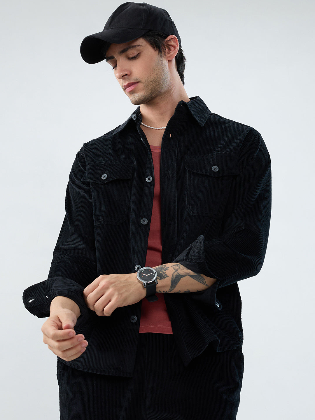 Winter Black Corduroy Double Pocket Overshirt