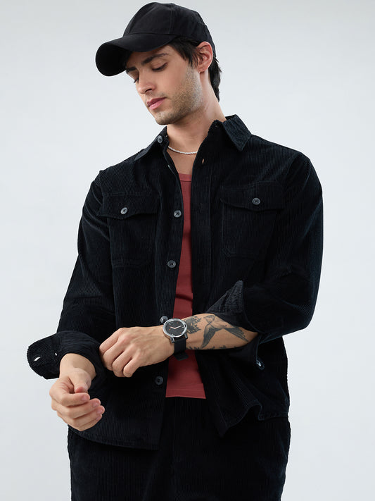 Winter Black Corduroy Double Pocket Overshirt