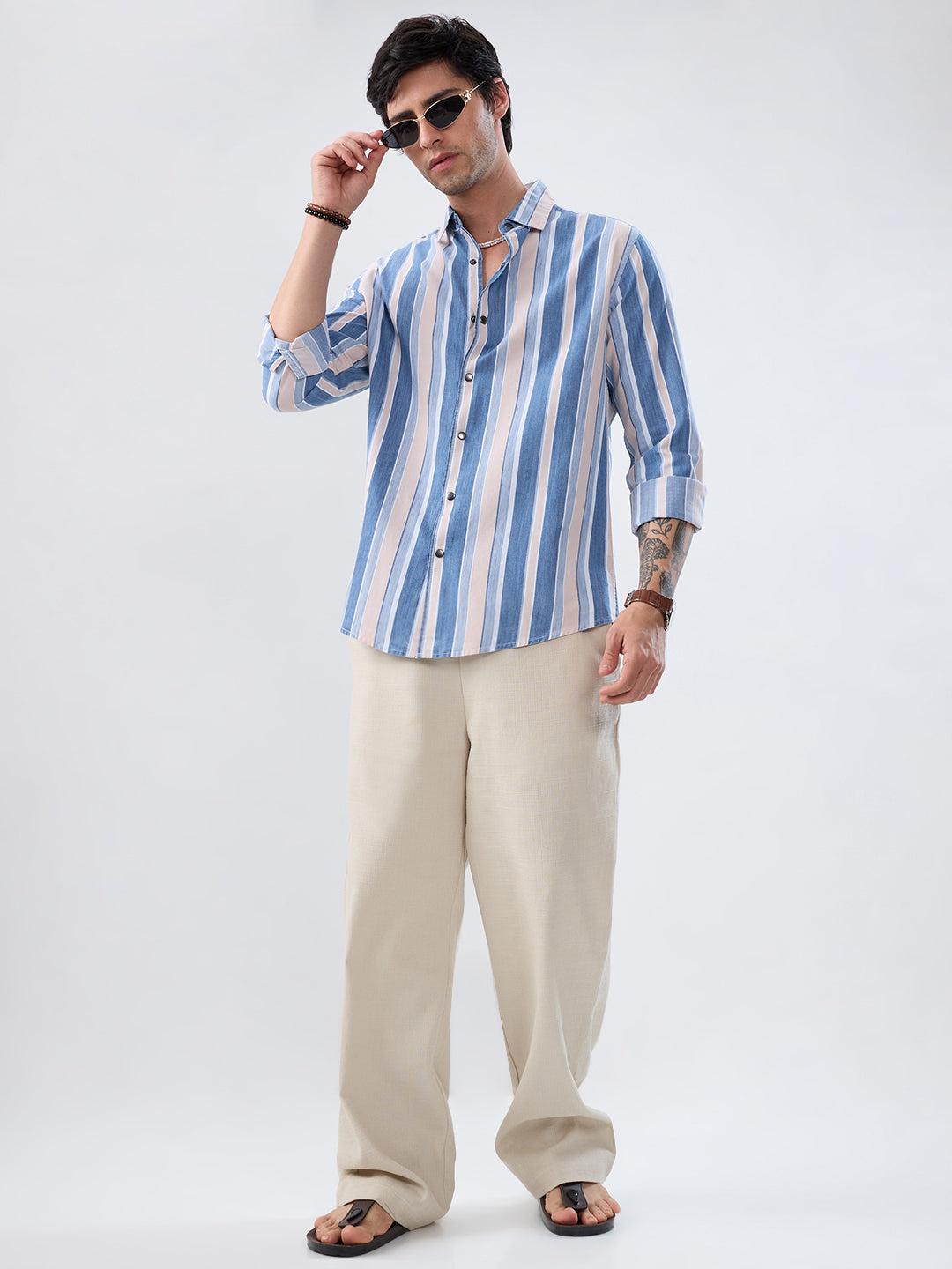 Denim Blue & Peach Broad Striped Shirt