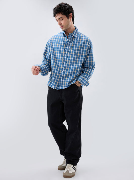 Denim Blue & Beige Comfort Checks Boxy Fit Crop Shirt
