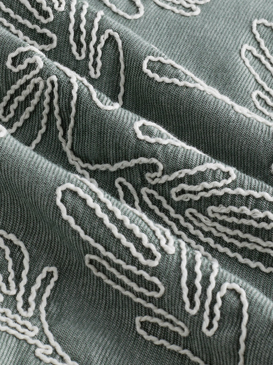 Denim Sage Green Artistic Embroidered Boxy Fit Crop Shirt