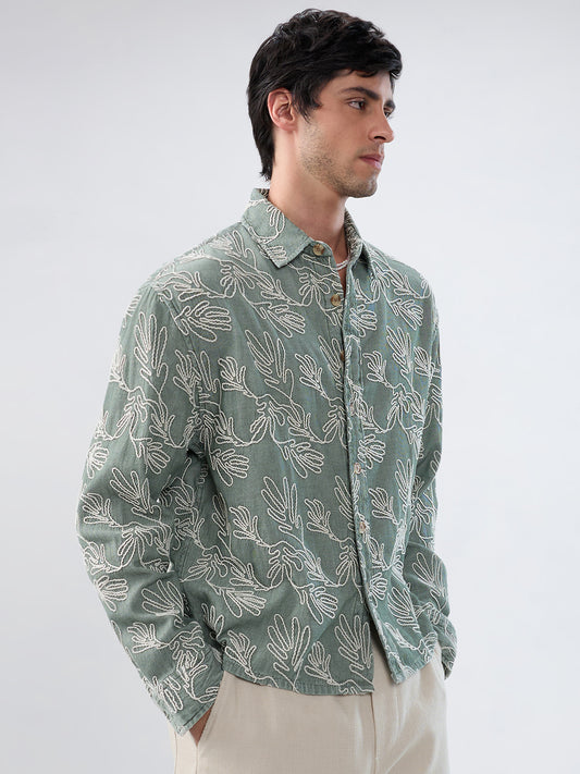 Denim Sage Green Artistic Embroidered Boxy Fit Crop Shirt