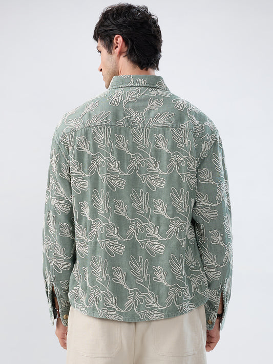 Denim Sage Green Artistic Embroidered Boxy Fit Crop Shirt