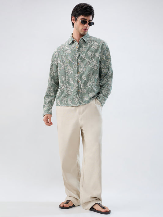 Denim Sage Green Artistic Embroidered Boxy Fit Crop Shirt