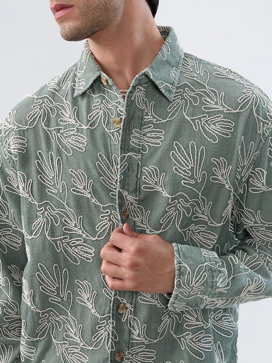 Denim Sage Green Artistic Embroidered Boxy Fit Crop Shirt