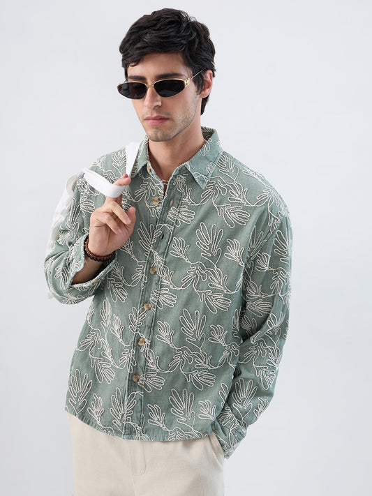 Denim Sage Green Artistic Embroidered Boxy Fit Crop Shirt