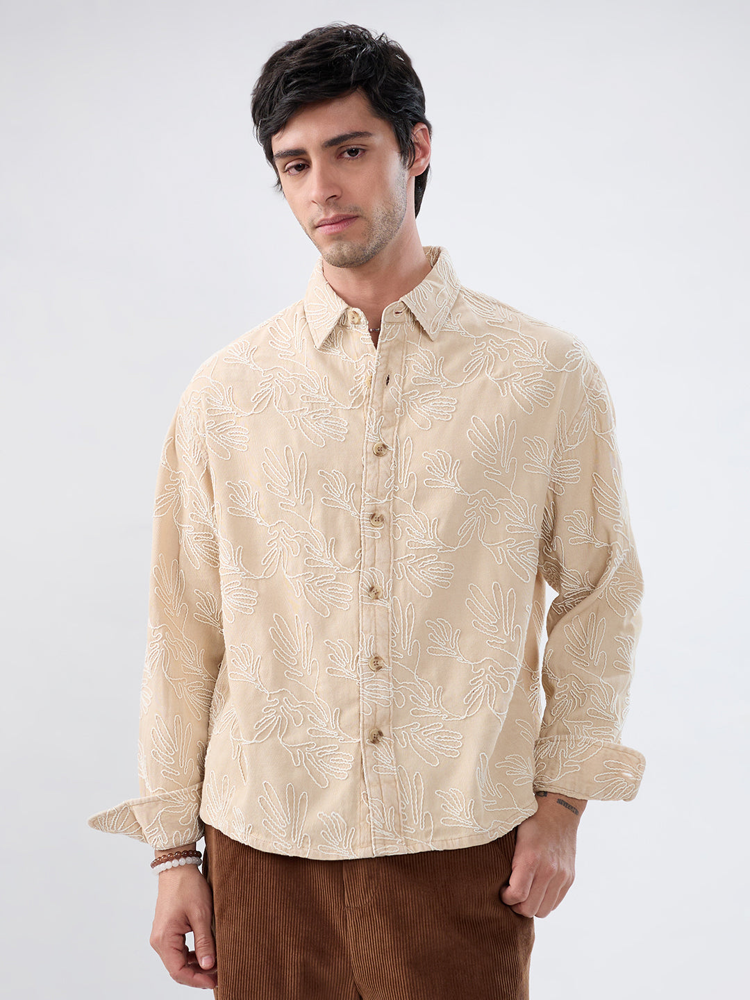 Denim Bisque Beige Artistic Embroidered Boxy Fit Crop Shirt