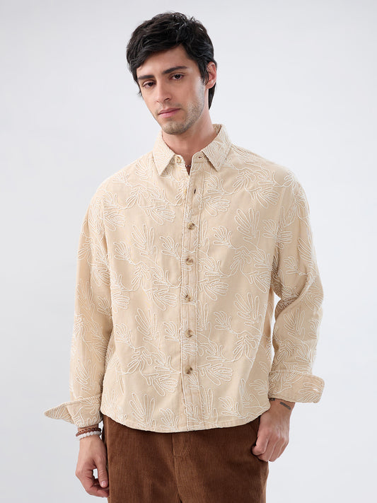 Denim Bisque Beige Artistic Embroidered Boxy Fit Crop Shirt