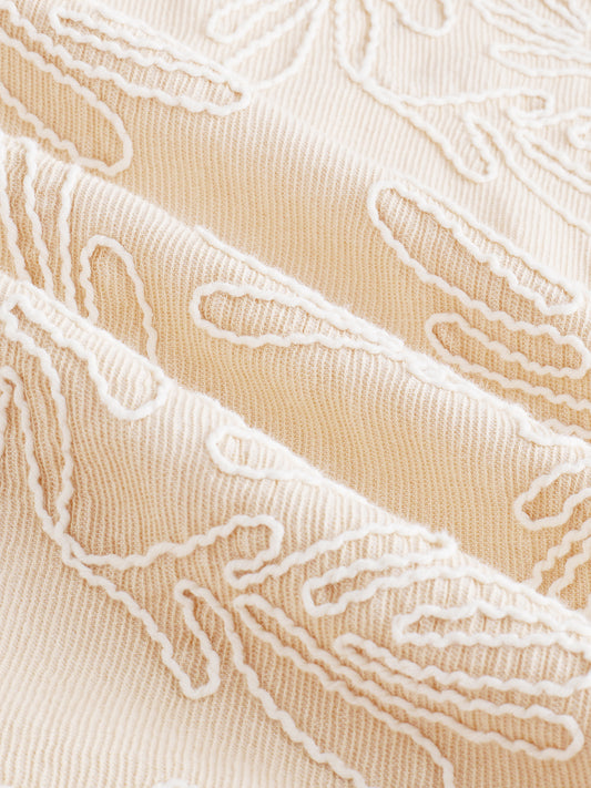 Denim Bisque Beige Artistic Embroidered Boxy Fit Crop Shirt