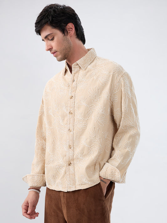 Denim Bisque Beige Artistic Embroidered Boxy Fit Crop Shirt