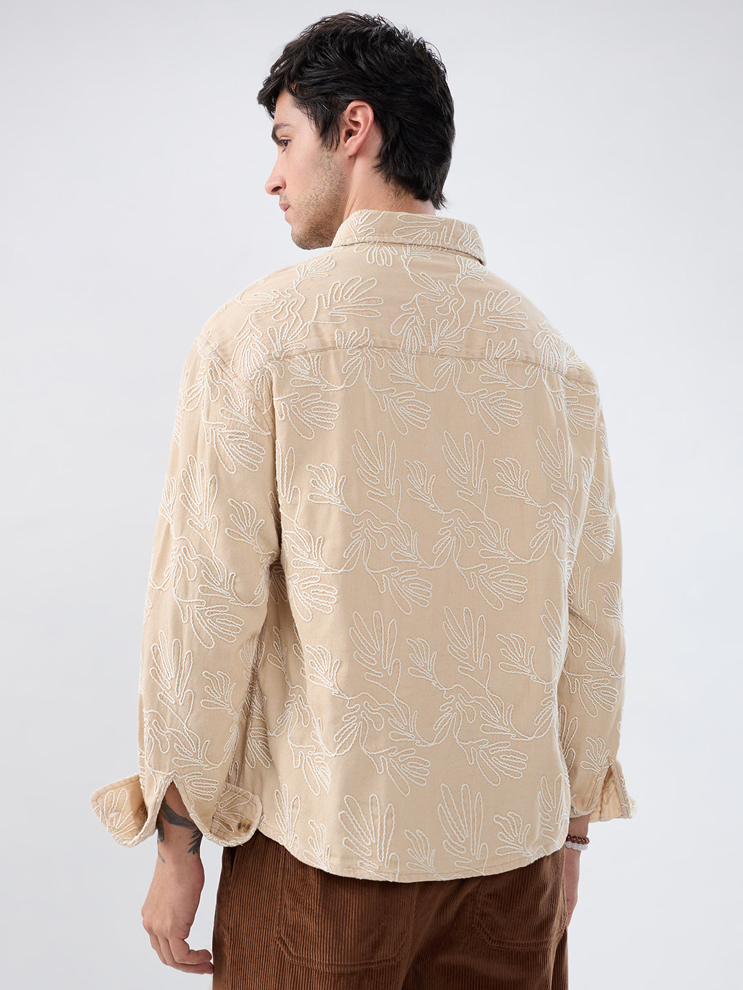 Denim Bisque Beige Artistic Embroidered Boxy Fit Crop Shirt