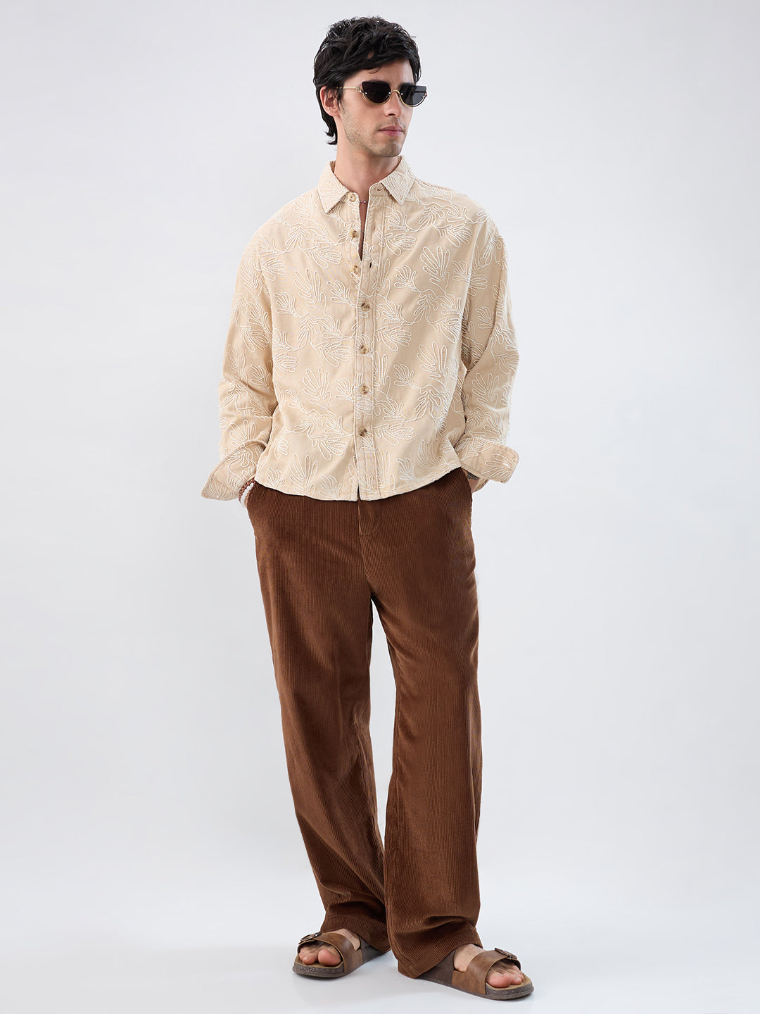 Denim Bisque Beige Artistic Embroidered Boxy Fit Crop Shirt