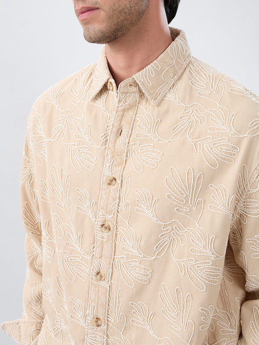 Denim Bisque Beige Artistic Embroidered Boxy Fit Crop Shirt