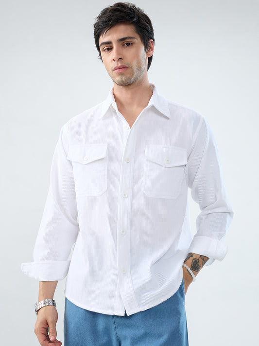 Winter White Corduroy Double Pocket Overshirt