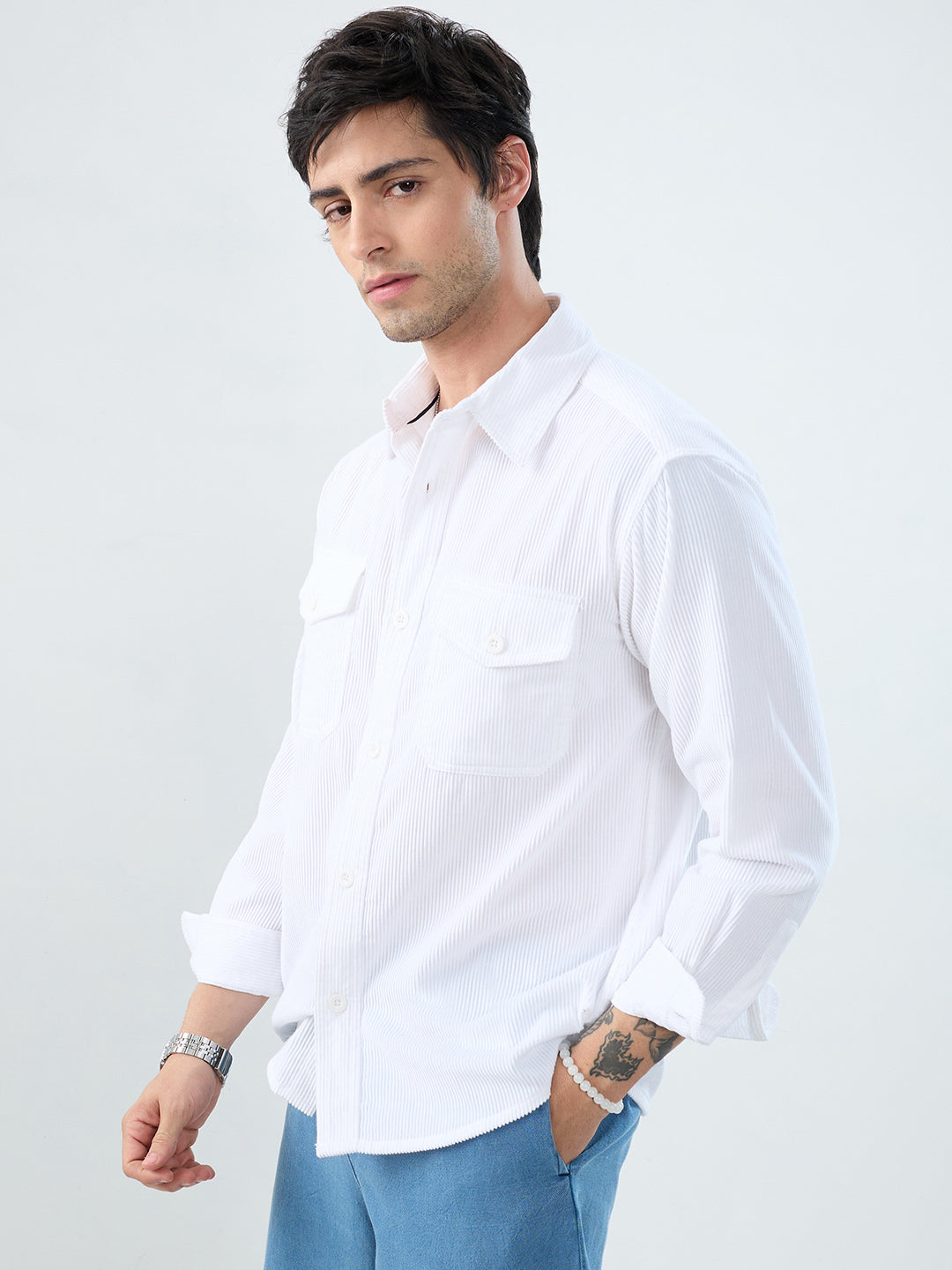 Winter White Corduroy Double Pocket Overshirt