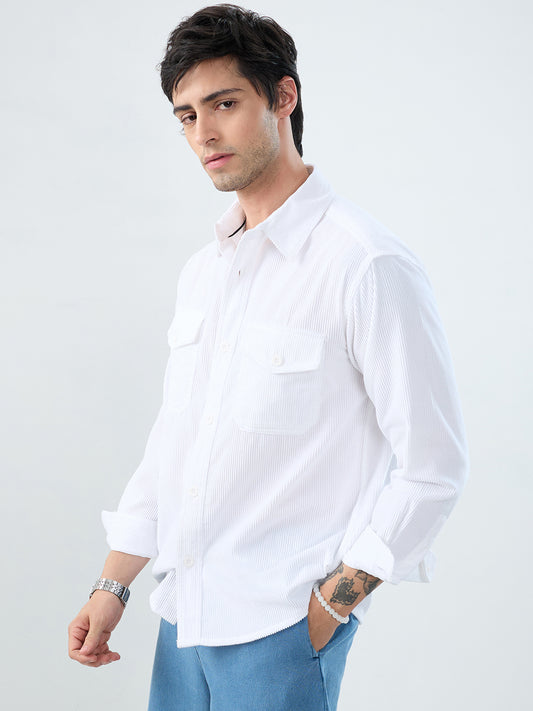 Winter White Corduroy Double Pocket Overshirt