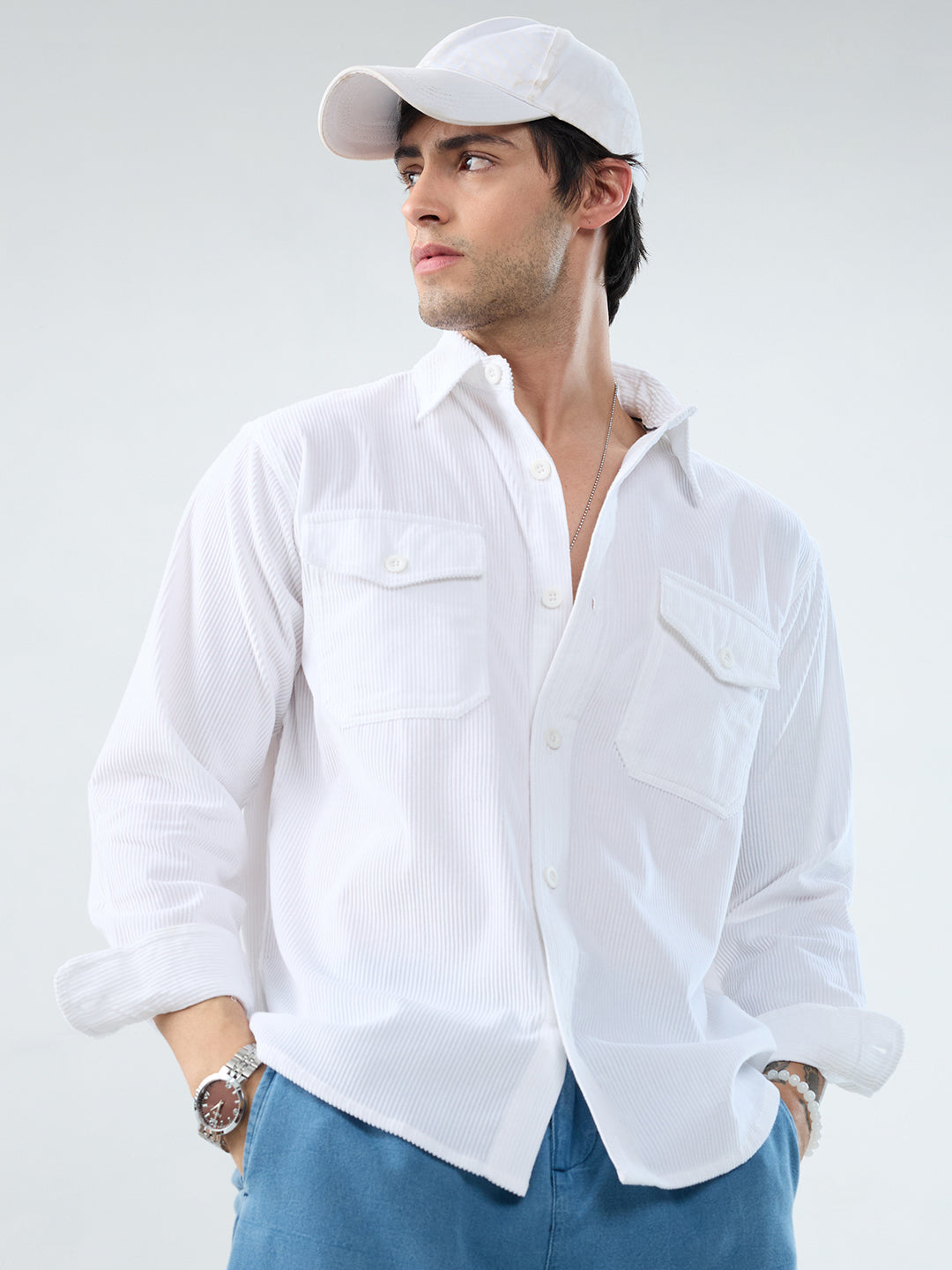 Winter White Corduroy Double Pocket Overshirt