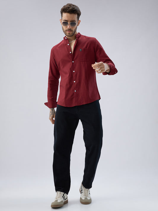Elegant Berry Red Mandarin Collar Shirt