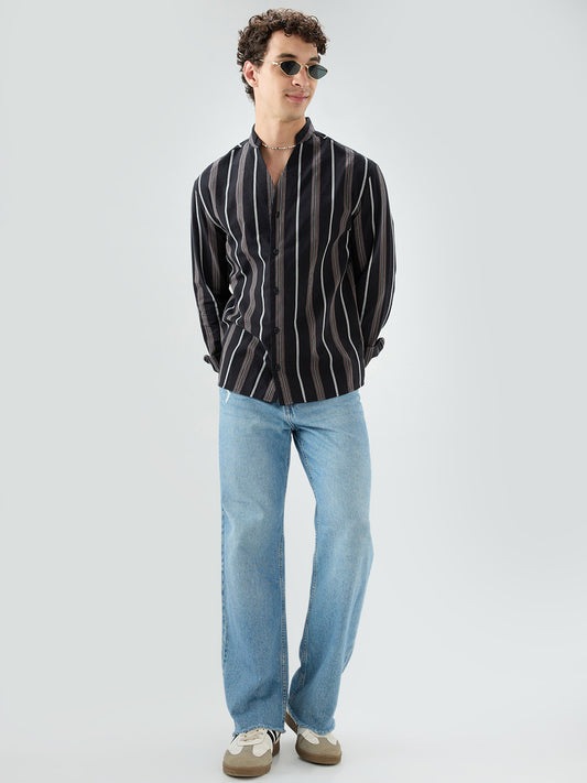 Black & Grey Striped Stand Collar Oversized Shirt
