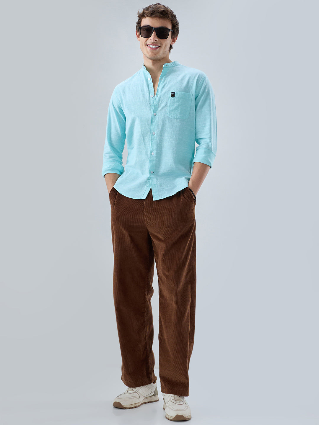 Spring Green Textured Mandarin Collar Shirt