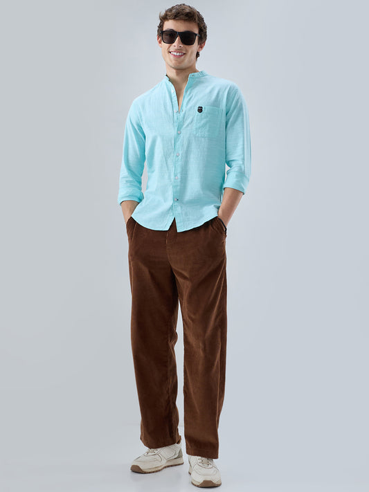 Spring Green Textured Mandarin Collar Shirt