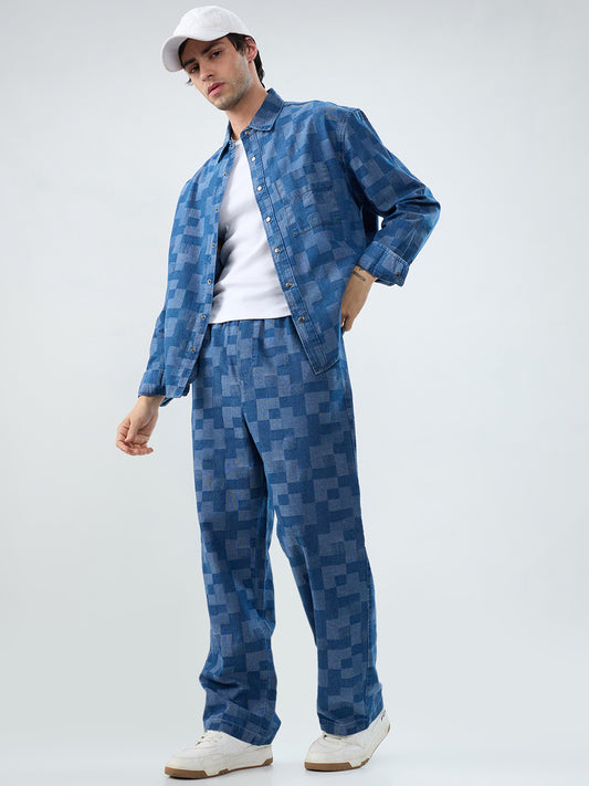 Elegant Denim Patch Block Checks Boxy Fit Crop Shirt