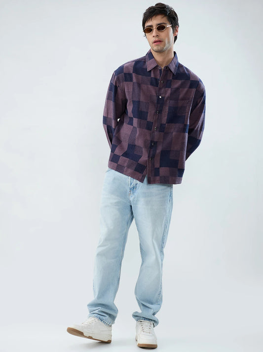 Premium Navy & Purple Acid Wash Denim Checks Boxy Fit Crop Shirt