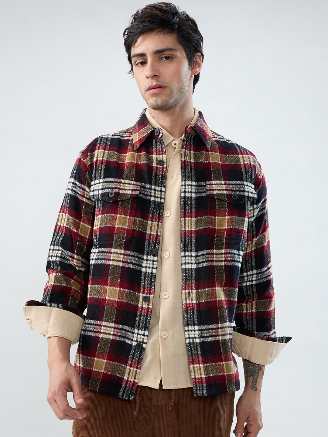 Premium Red Oak Plaid Checks Twin Pocket Flannel Shirt