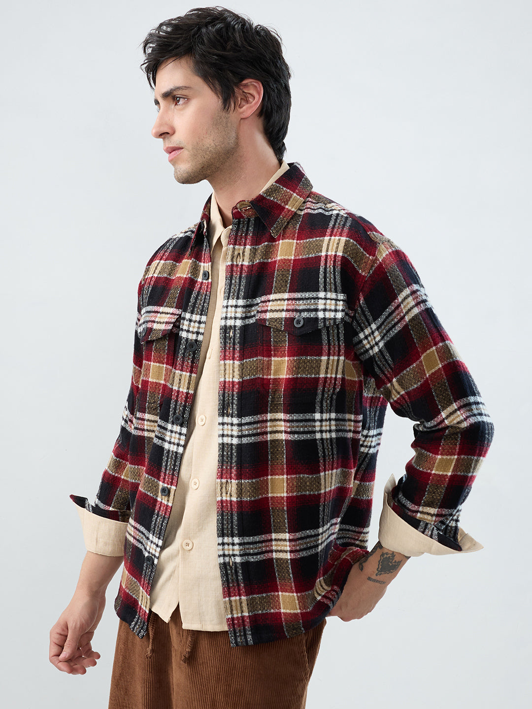 Premium Red Oak Plaid Checks Twin Pocket Flannel Shirt