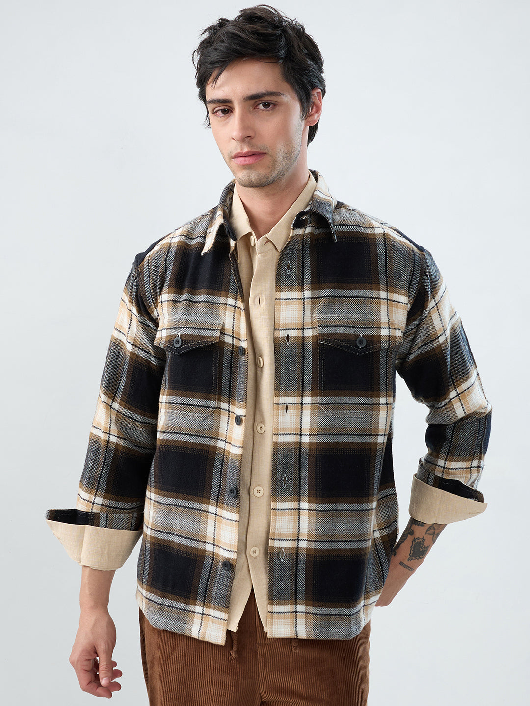 Premium Desert Vibe Plaid Checks Twin Pocket Flannel Shirt
