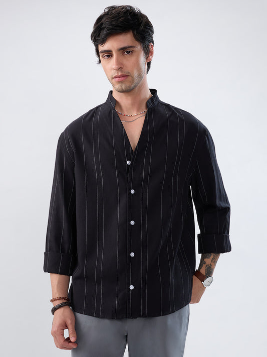 Refined Black Pinstripe Stand-Collar Oversized Shirt