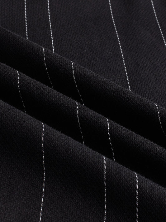 Refined Black Pinstripe Stand-Collar Oversized Shirt